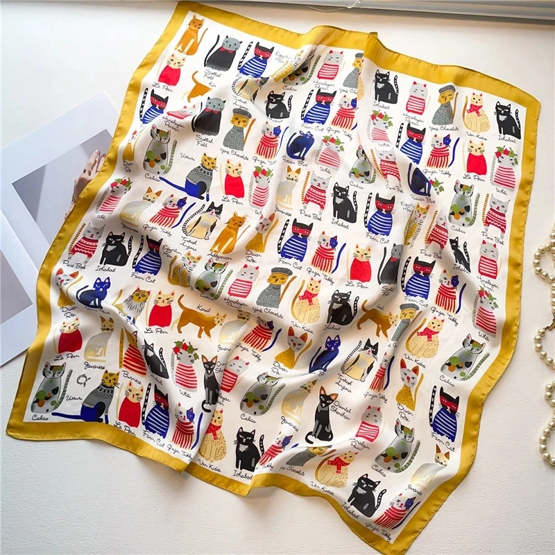 70cm*70cm Silk Square Scarf Women Cartoon cat Bag Print Foulard Big Hijab Bandana Lady Neckerchief High Quality Silk Scarf FJ095 3