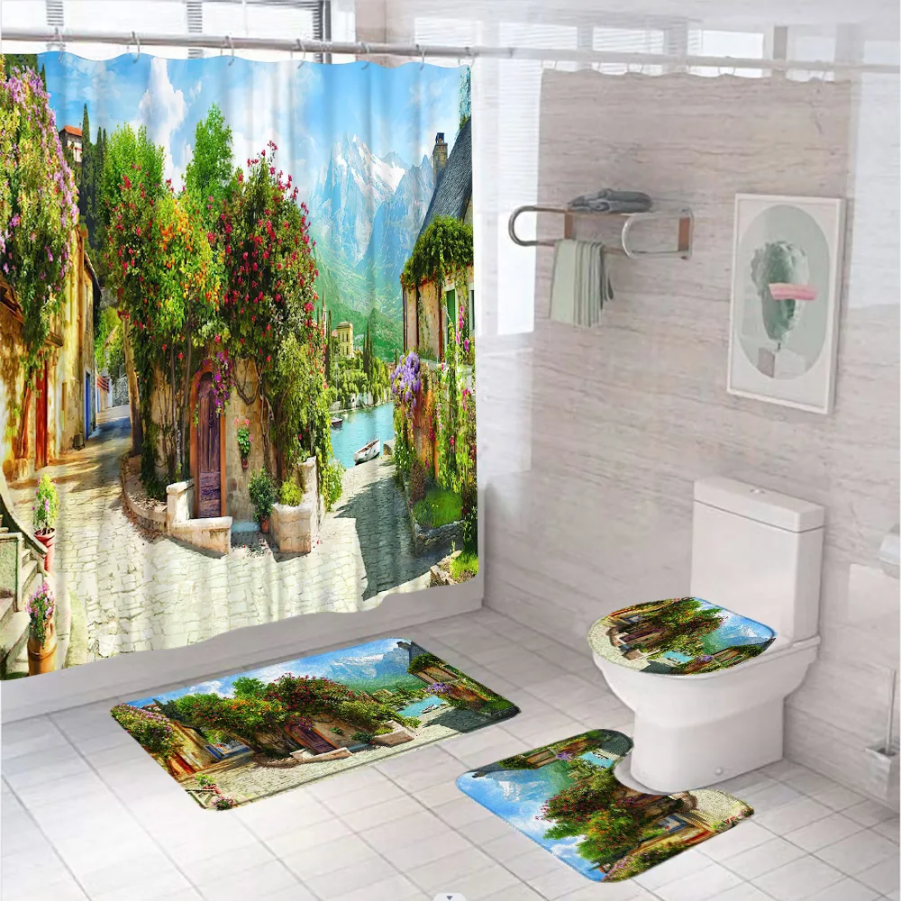 

Rustic Old Street Shower Curtain Set For Bathroom Green Plant Flowers Scenery Town Carpet Non Slip Bath Mat Rug Toilet Lid Cover