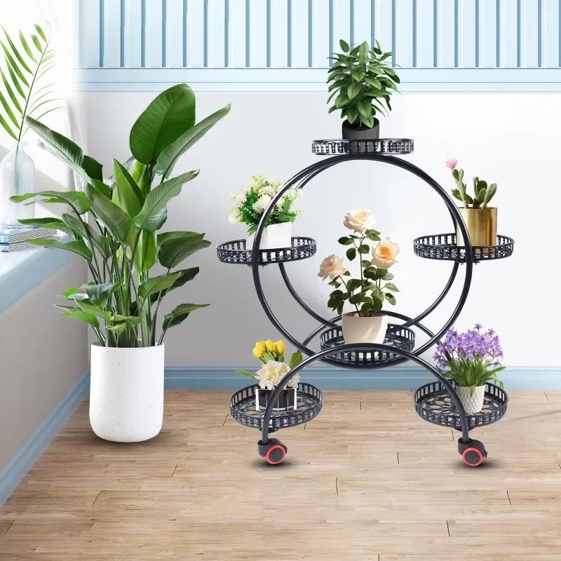 Pflanzenständer aus Metall, 6 Töpfe, Pflanzen, Blumenhalter, 4-stufiges Ausstellungsregal mit Rädern für Terrasse, Garten, Hof, Heimdekoration – Detail 4