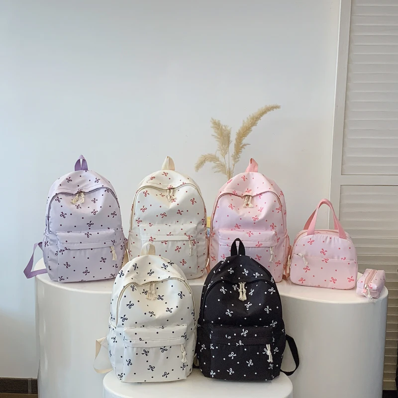 3Pcs Kawaii Nylon Backpack with Handbag & Pencil Case All-Match School Bag Bowknot Printed Cute Bowknot Backpack Trip Backpack 2