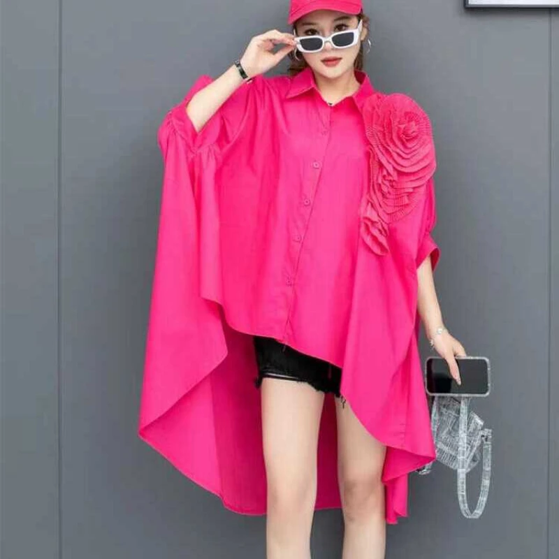 Fashion Socialite Style Irregular Loose Batwing Sleeved Personality Three-Dimensional Big Flower Age-Reducing Shirt Dress Blouse