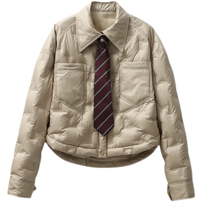 

2023 Autumn Winter Down Coats Women's Short White Duck Down Shirt Collar Lightweight Jacket Women JK Style Korean Coat Пиджак