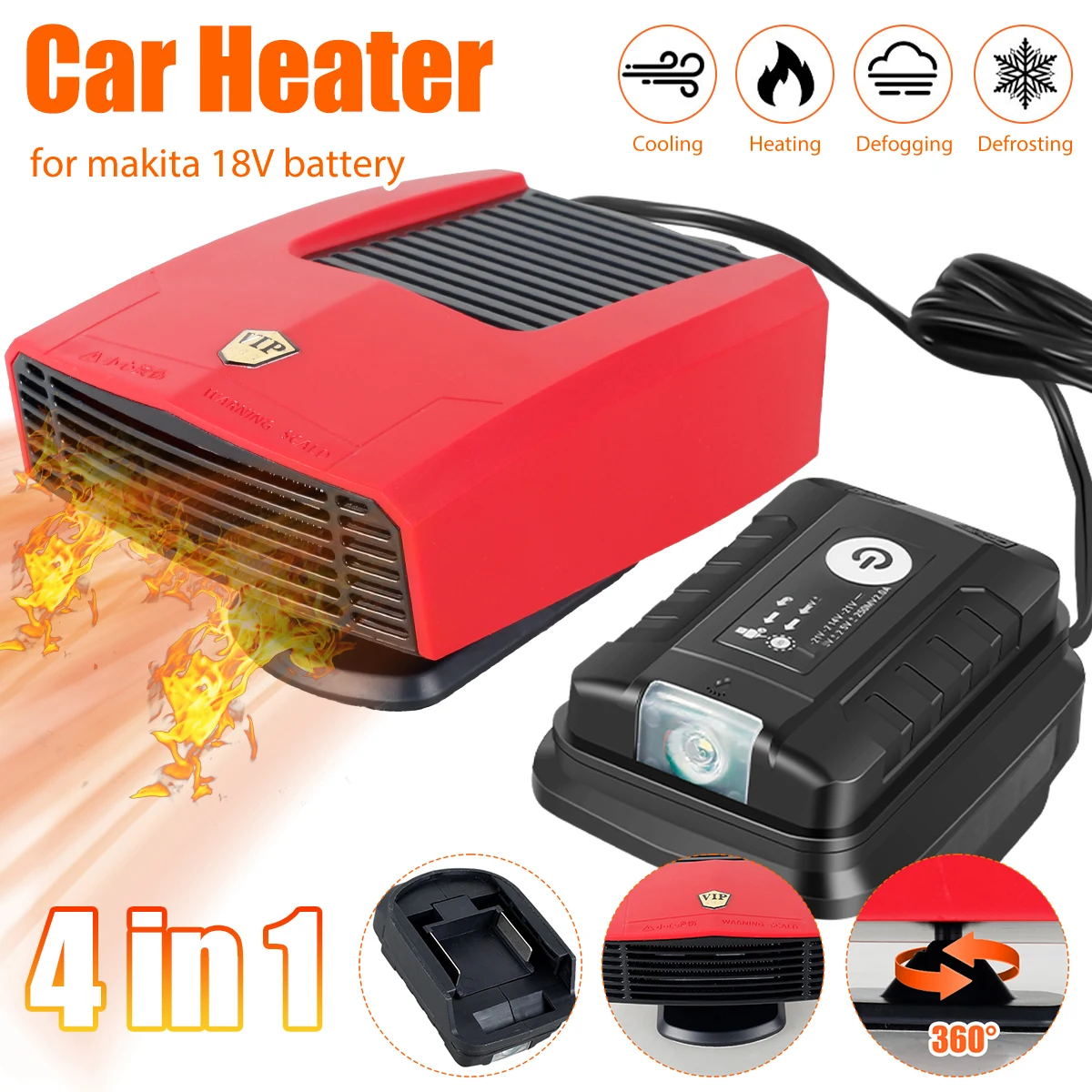 4 IN 1 Portable Car Heater Cold Warm Wind Defrosting Snow Demister 360°  Rotation Dual USB Ports Adapter for Makita 18V Battery