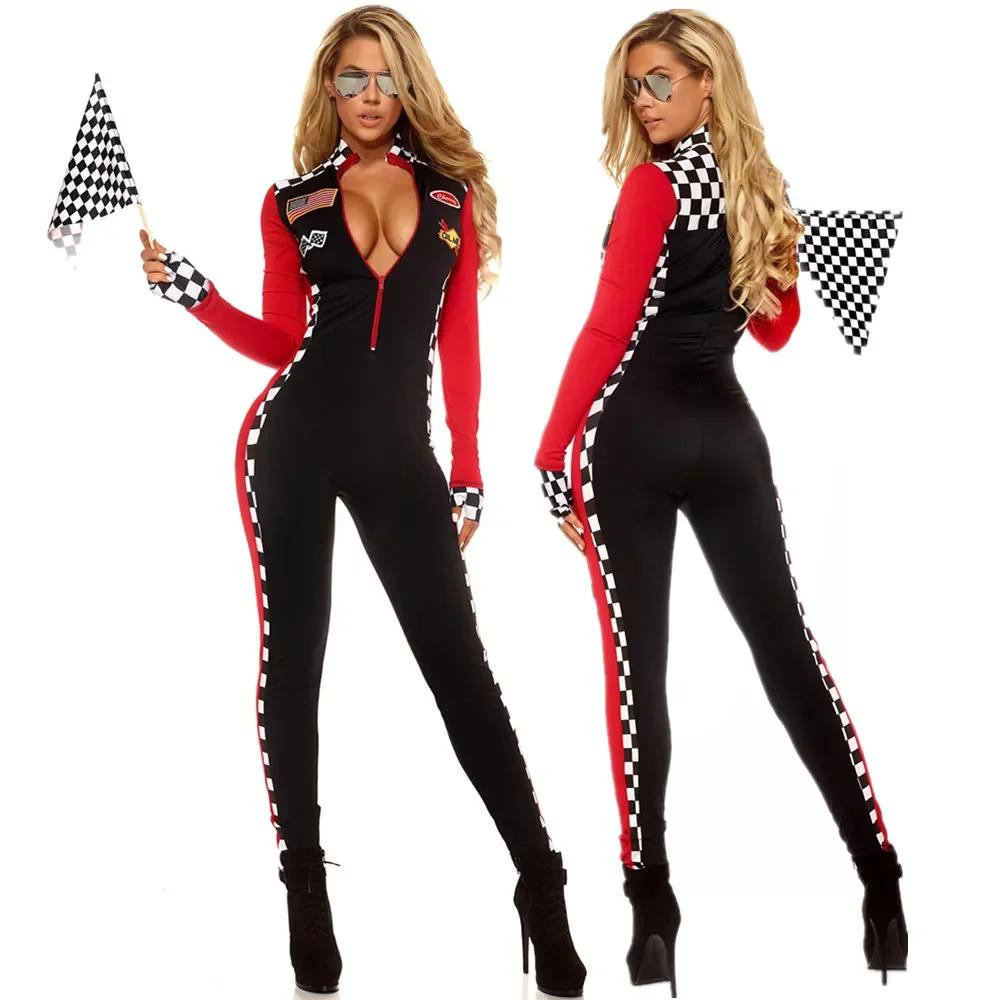 Sexy Lady Race Car Driver Costumes Long Sleeves Racer Girl Uniform with Flags Racing Jumpsuit Cosplay Halloween Costume women cosplay costume