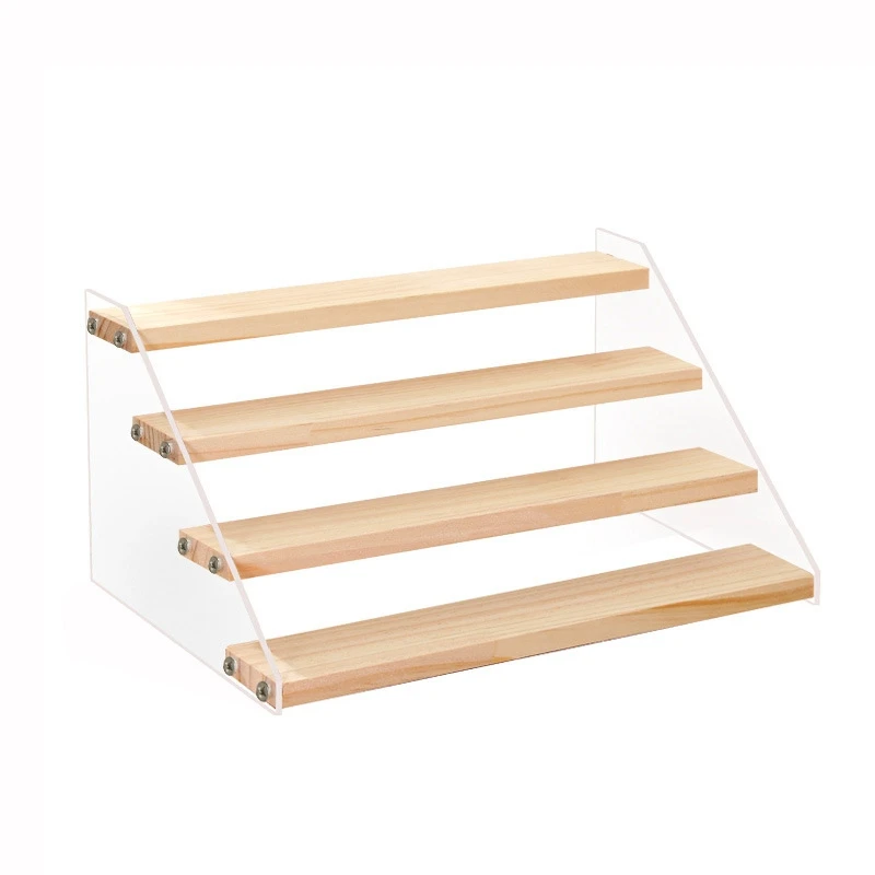 Acrylic & Wood Display Stand, 4-Step Clear Display Riser Wood Shelf For Displaying Figures, Jewelry, Perfumes Stand