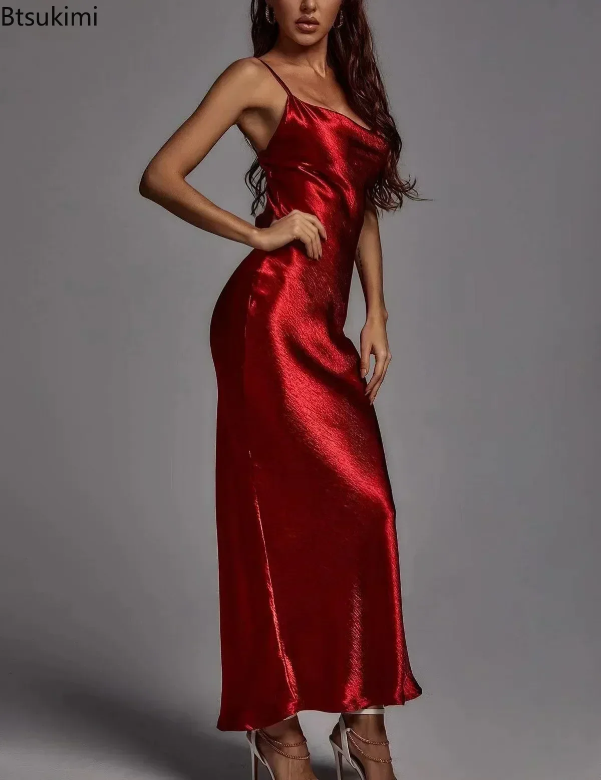 Abito maxi oro metallizzato Abito elegante da donna senza schienale in raso Abito estivo con cinturino per spaghetti senza maniche Night Club Party Abito lungo Vestido - immagine 2