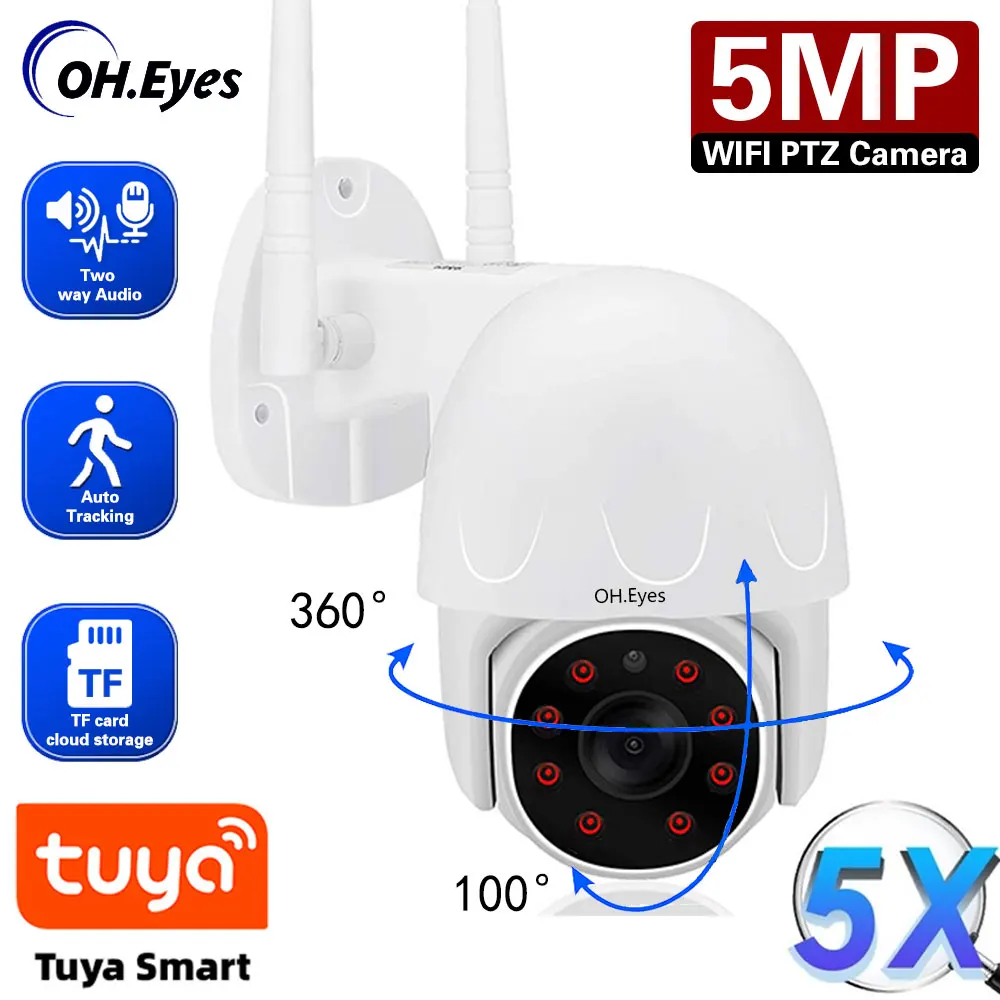5MP Tuya Ptz Camera Outdoor Two Way Audio Mini WiFi Cam Auto Tracking Security Camera Home Smart life Max 128G TF Card Camera