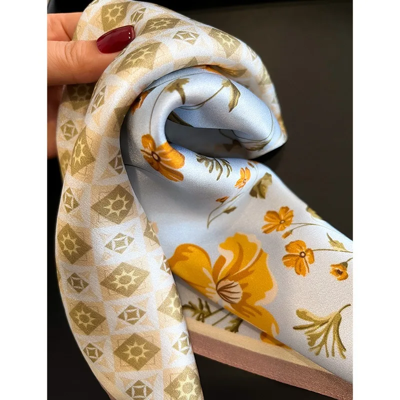 1pcs 70cm Small Yellow Flower Pattern Silk Scarf Women Simulated Silk Fresh and Fashionable Versatile Headscarf Scarf and Shawl 6