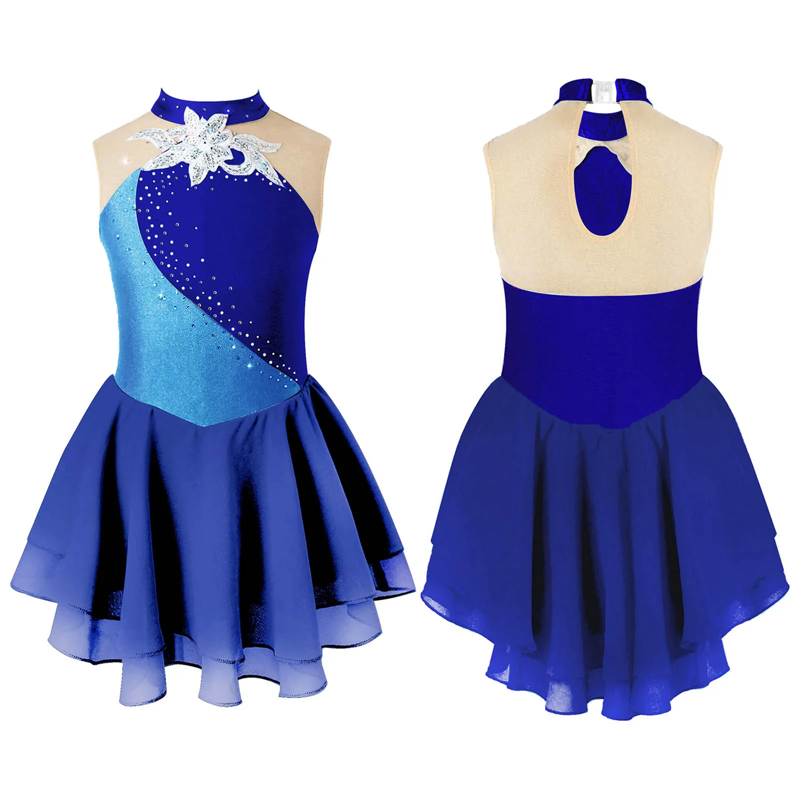 thumbnail image 1 of Traje de patinaje sobre hielo para niñas con brillantes diamantes de imitación, maillot de ballet, vestido de baile lírico con dobladillo irregular, vestido de tutú y leotardo, 1 of 5