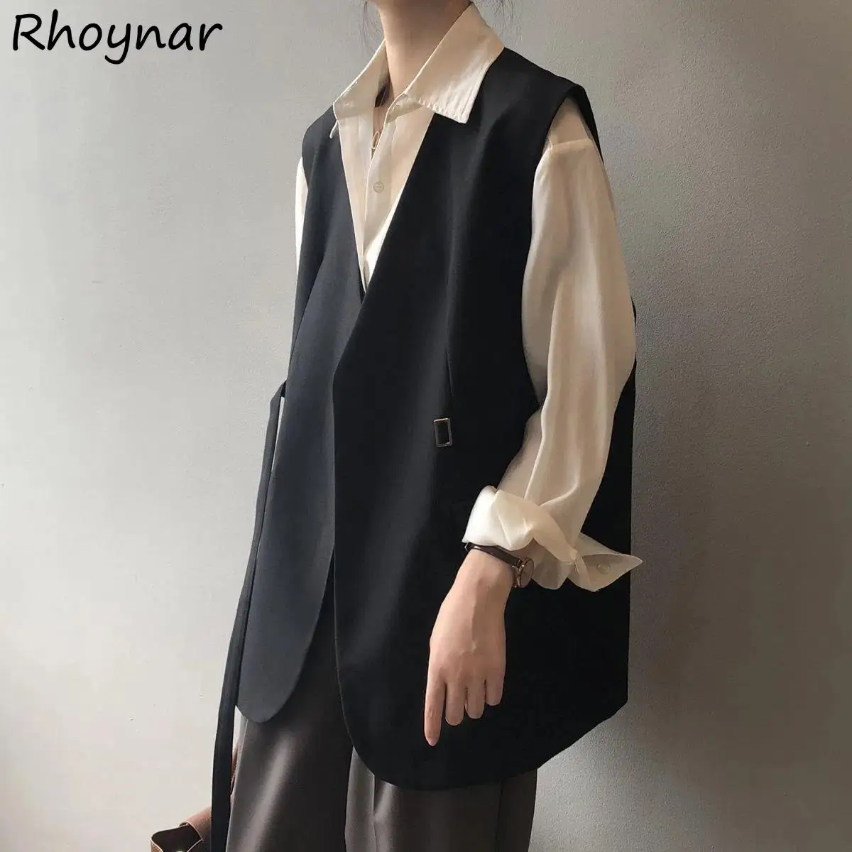 

V-neck Vests Women Clothing New-Fashion Elegant Office Lady French Temper Minimalist Ins Pure Color Loose Autumn Spring Outwear