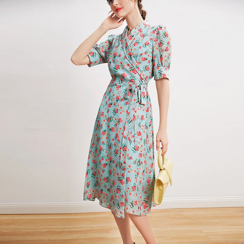 

Women's Tops Silk Floral Printed Office Formal Casual Dresses Plus Large Size Spring Summer Sexy Femme V Neck Blue Flower