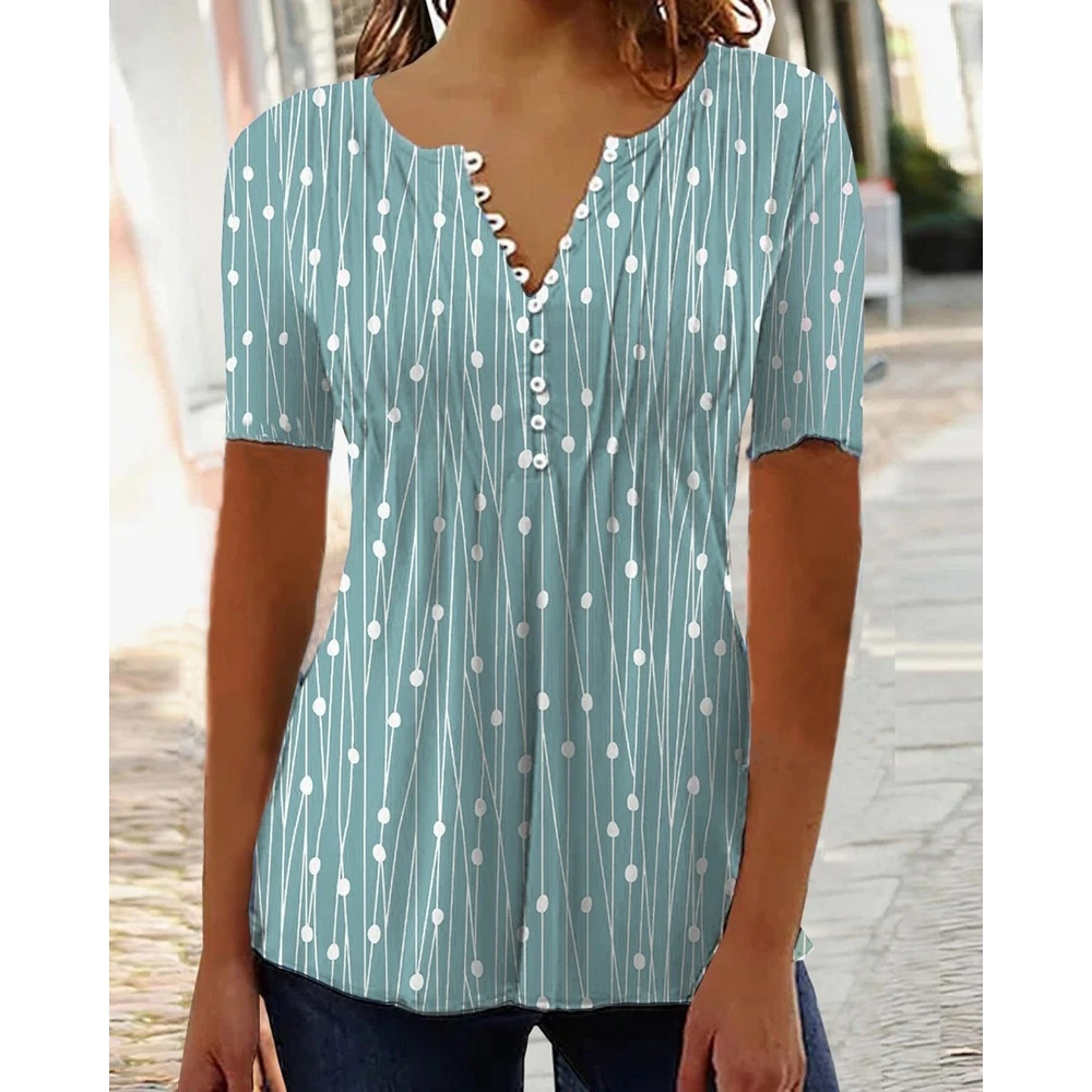

2023 Summer Fashion Women Polka Dot Striped Print Short Sleeve T-Shirts Femme Buttoned V Neck Casual Tee Top Loose Outfits