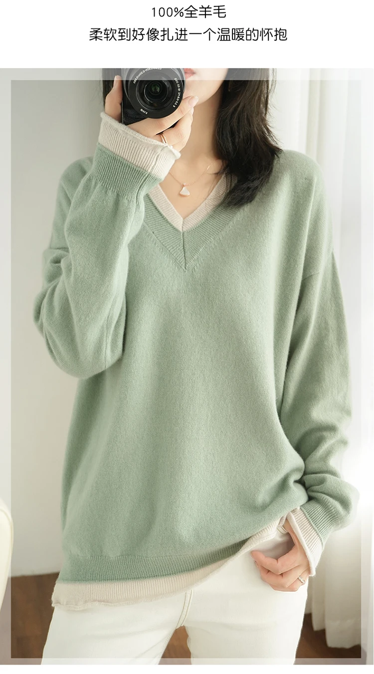 sweater for women 2022 Spring and Autumn New Cashmere Sweater Ladies V-neck Pullover Sweater Casual Loose Version Wool Knit Sweater green sweater