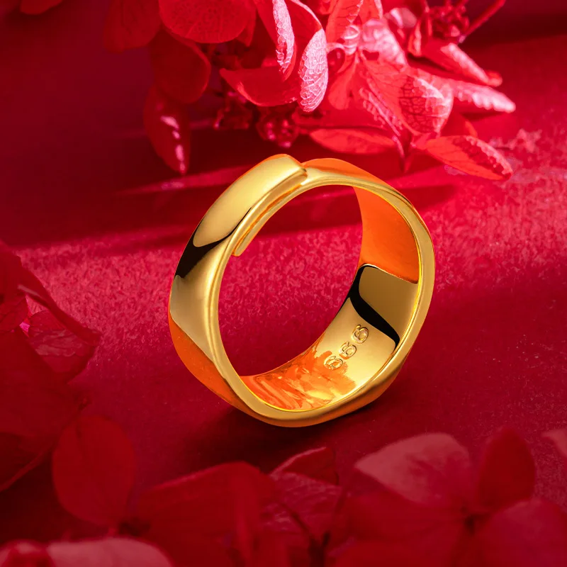 High-quality 999 high-end wavy pattern men's ring 24K real gold fashion wavy pattern live gold large ring