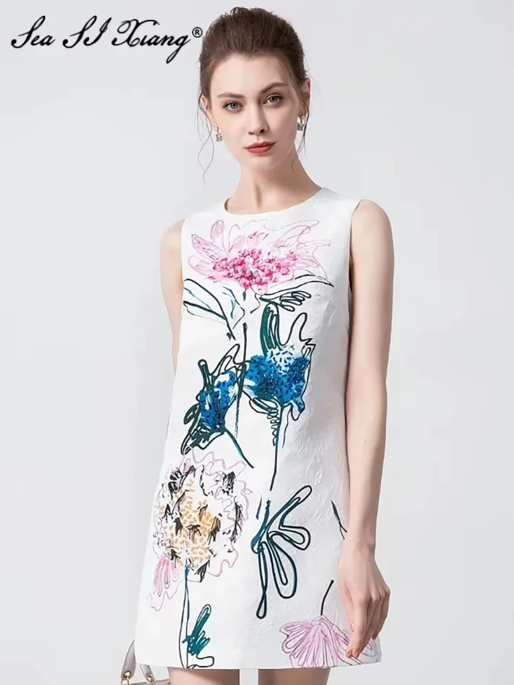 

Seasixiang Fashion Designer Summer Floral Print Dress Women's O-Neck Sleeveless Sequins Beading Vintage A-Line Short Dress