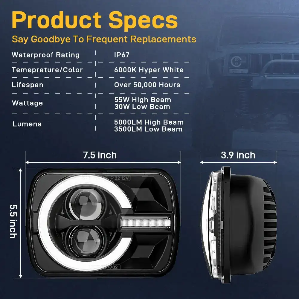 Led Headlight 5x7 Inch Drl Turn Signal Hi-Lo Beam Led Headlamp for Toyota Pickup