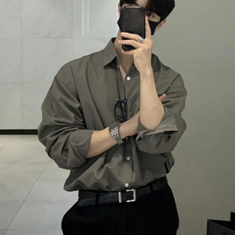 

Длинная рубашка, новинка, однотонная свободная стандартная Мужская рубашка в Корейском стиле, серая, белая, черная, Повседневная рубашка большого размера с отложным воротником, красивая рубашка