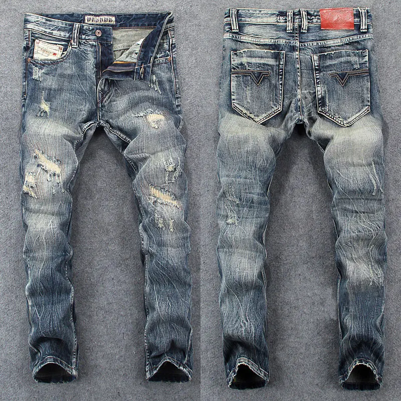 Streetwear Fashion Men Jeans Retro Wash Slim Fit Destroyed Ripped Jeans Men Hole Trousers Patched Vintage Designer Pants Hombre