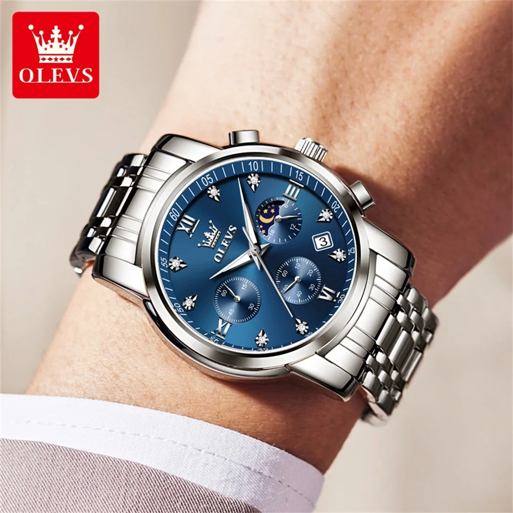 Classic Luxury Quartz Men's Watch with Moon Phase and Waterproof Stainless Steel Design