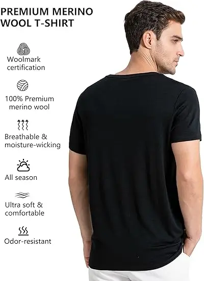 100% Merino Wool T Shirt for Men Short Sleeve Tee 170GSM Men Wool Base Layer Quick Dry Anti-Odor for Travel Hiking USA Size 2
