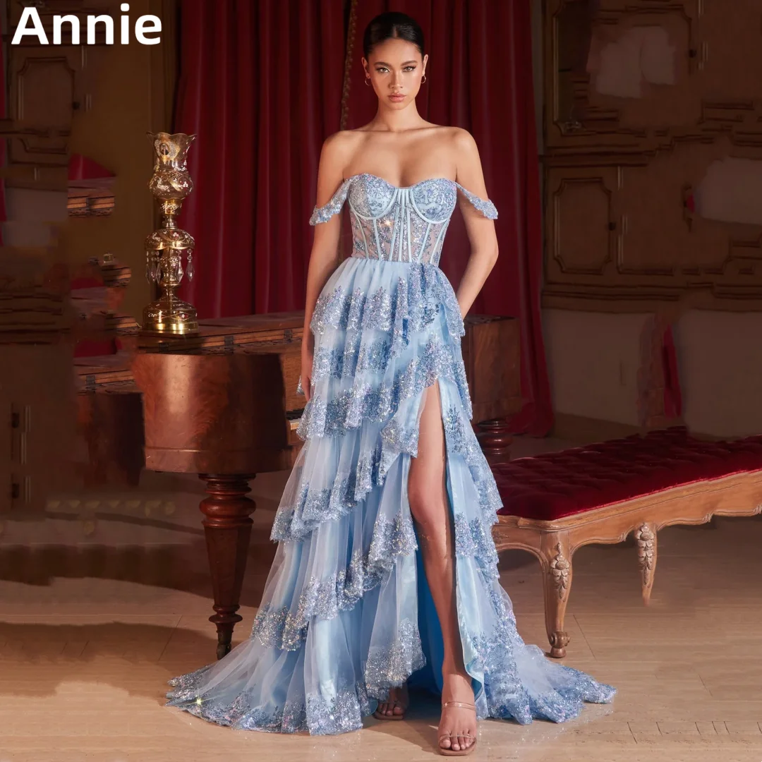 

Annie Glitter Sequins Prom Dress Blue Off-the-shoulder Evening Dresses A-shaped Graduation Party Dresses 2024Vestidos De Noche