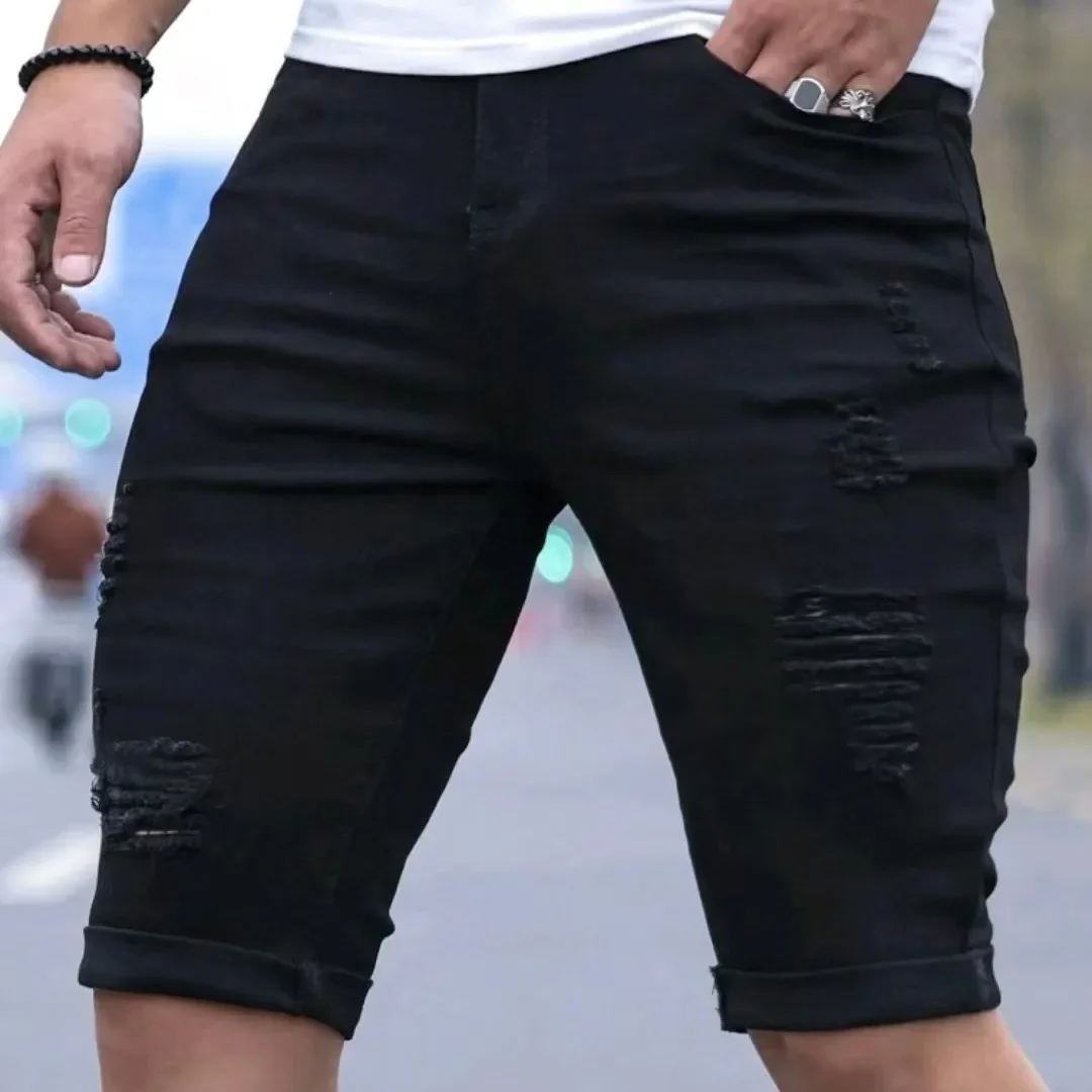 Trendy Men's Ripped Denim Shorts High Waist Straight Leg Elastic Casual Pants Summer Thin American Style Jeans
