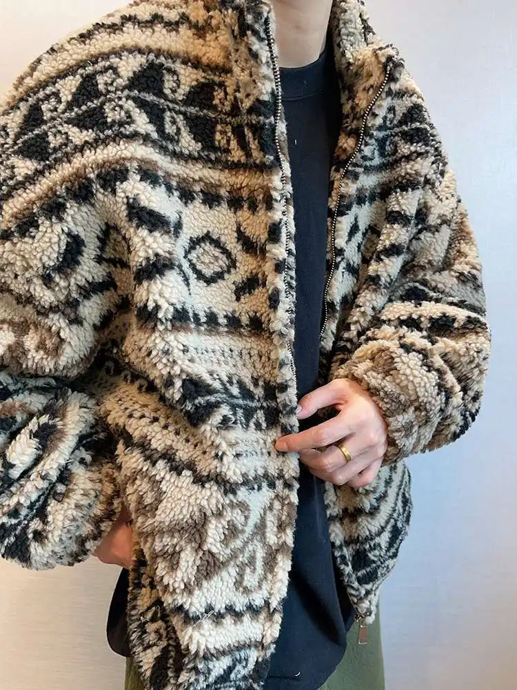 Winter Ethnic Jacquard Sherpa Jacket Men Geometry Stand Collar Coat Thickened Warm Fur Jacket Street Zip-Front Winter Outerwear