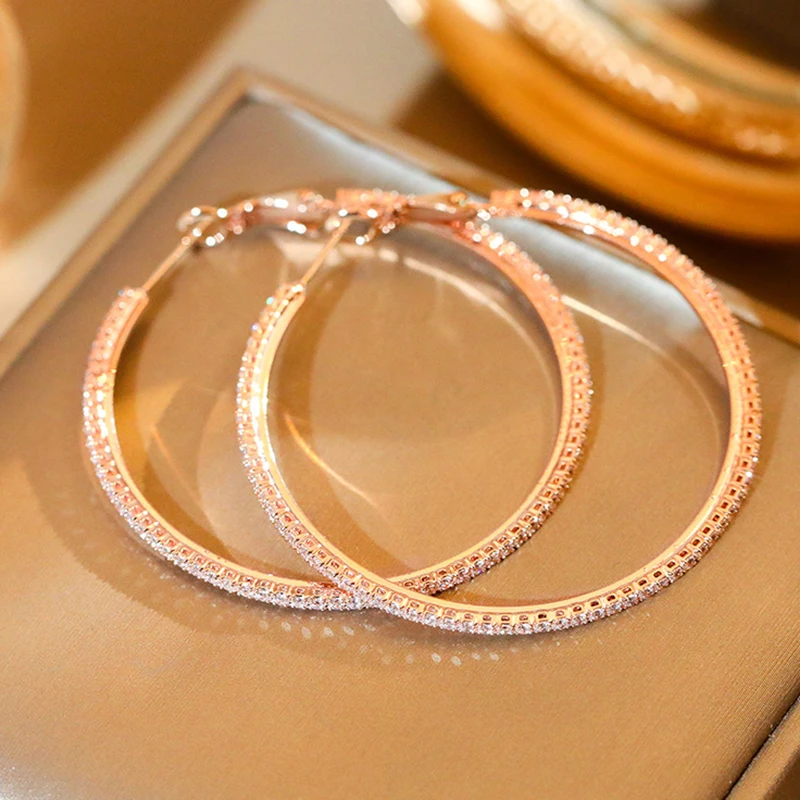 Rose Gold Round Rhinestone Earrings 30-80mm Shiny Rhinestone Hoop