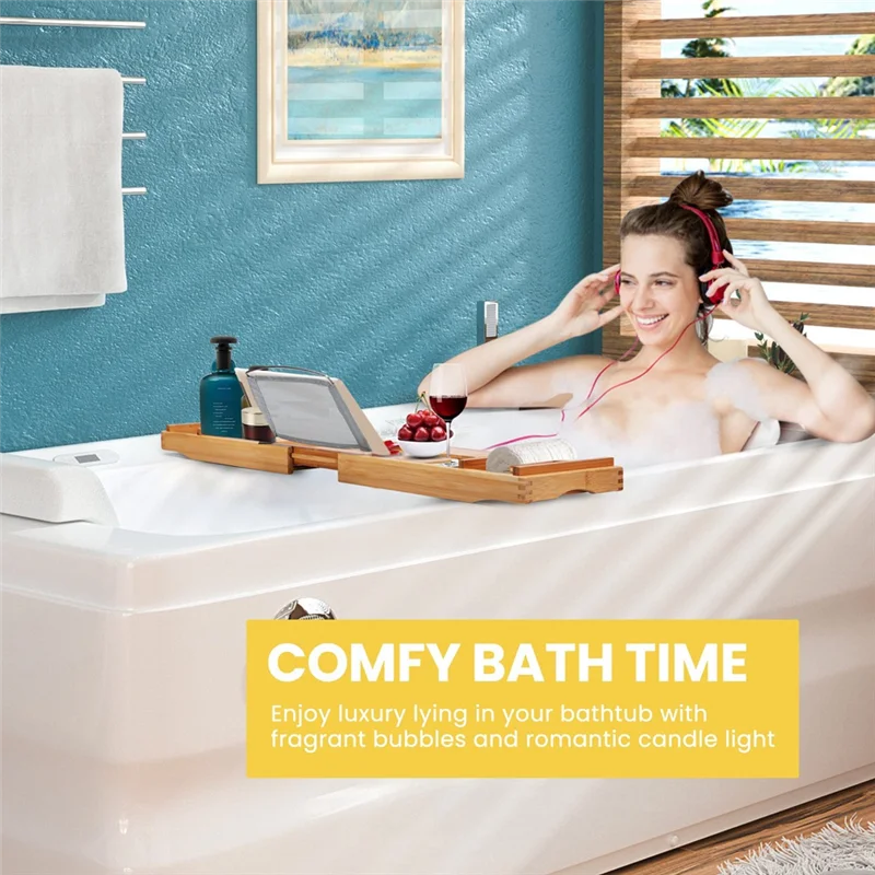 1 PCS Bamboo Expandable Bathroom Organizer Bathtub Storage Board With Cellphone Tablet And Wine Book Holder B