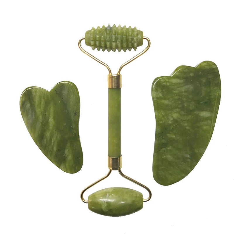 3in1 Massage Roller Set Green Natural Jade Facial Massager Guasha Board