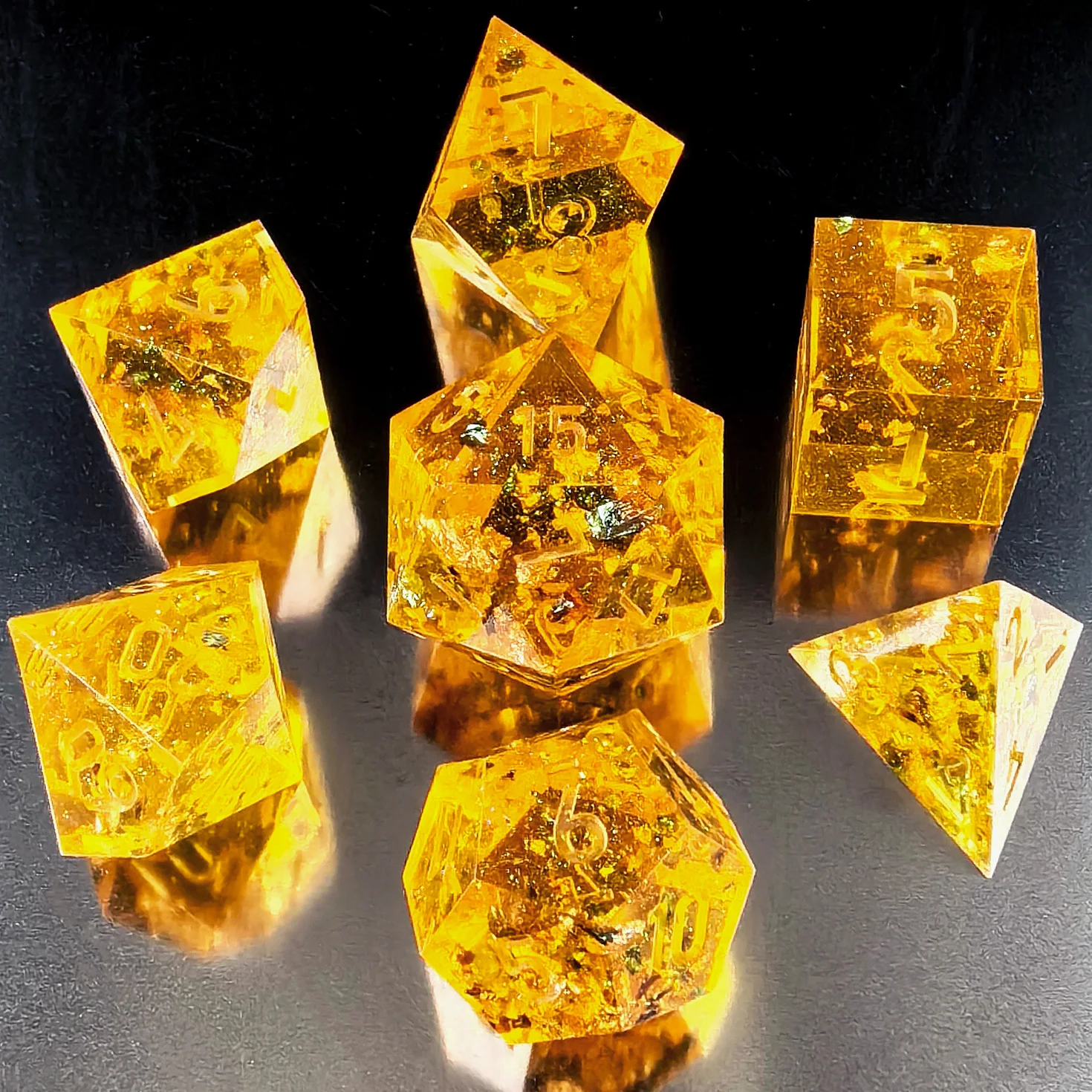 Unpainted Shimmery Sharp Edge DND Dice Set with Golden foil, Handmade 7 Piece Razor Edged Polyhedral RPG Dice Set 2