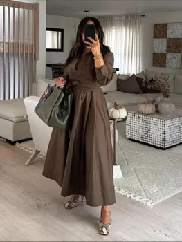 Elegant Pure Color Lace Up Fitted Waist Dress Women Fashionable Long Sleeve Round Neck Slim A-line Dresses 2026 Lady Casual Wear 1