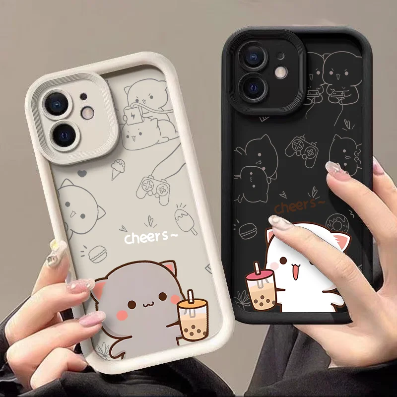 Cute Cartoon Peach Mochi Cat Couple Soft Case Cover