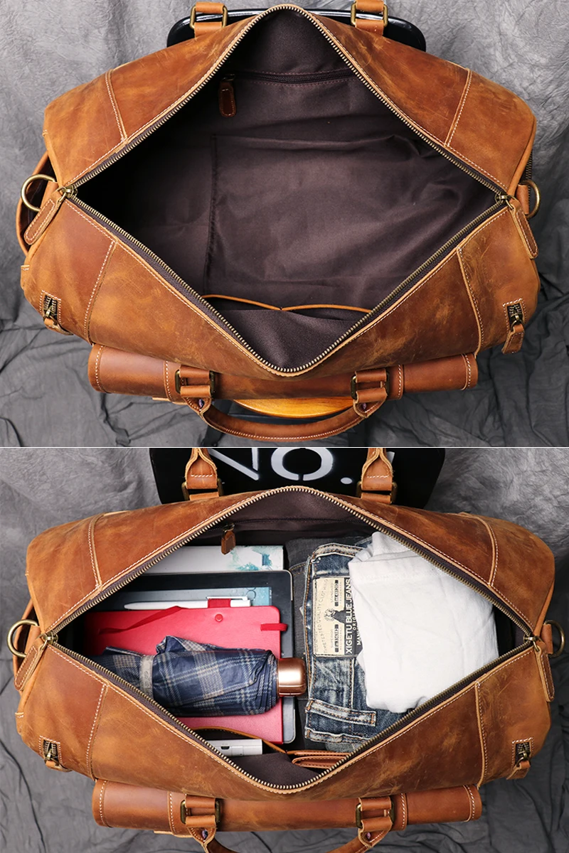 MUNUKI Vintage Crazy Horse Genuine Leather Travel bag  Large Luggage bag men Leather duffle bag Large Weekend Bag Tote Big 6