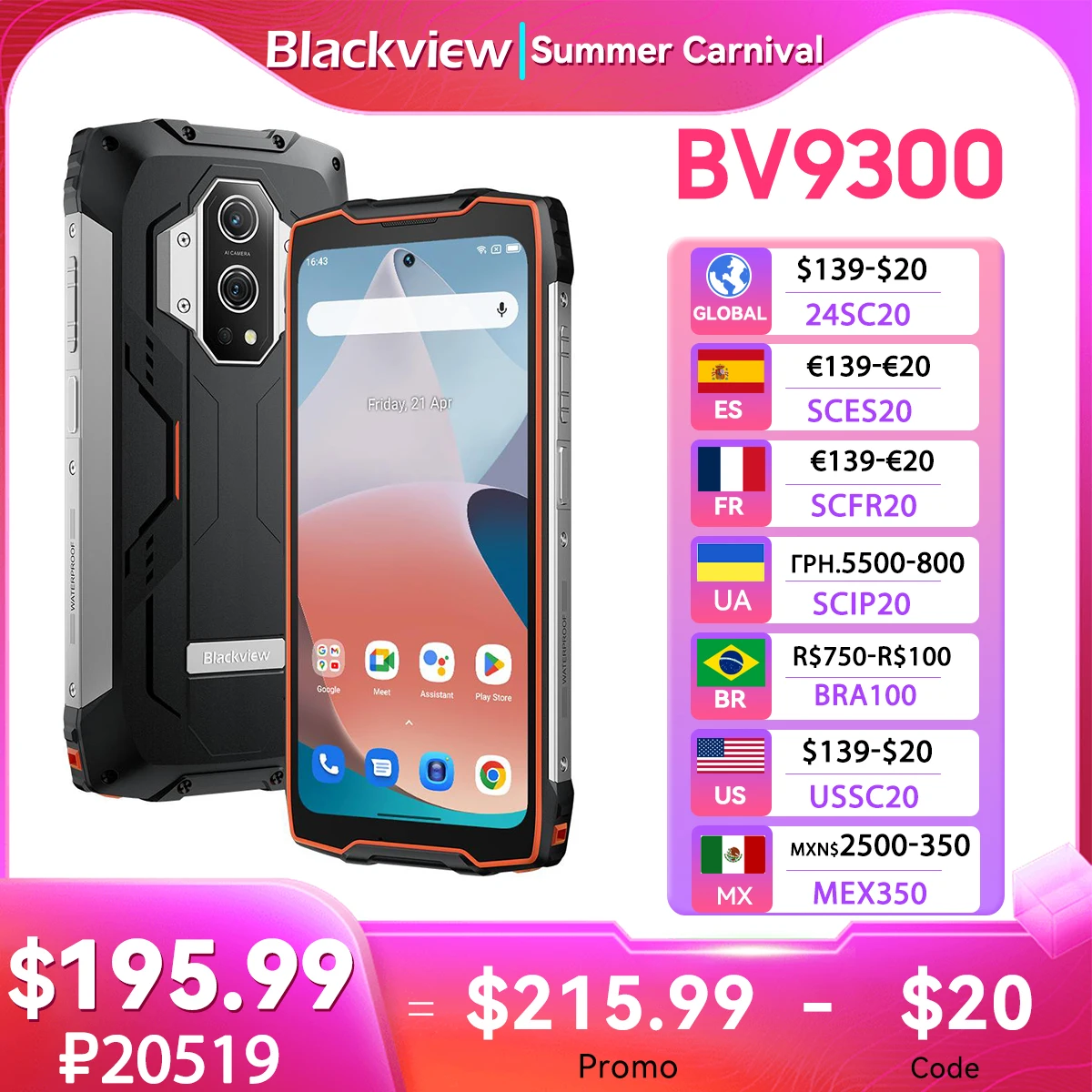 [New] Blackview BV9300 G99 Rugged Smartphone 21GB 256GB 6.7" 120Hz 15080mAh Laser Measuring Mobile Phone Global Cellphone