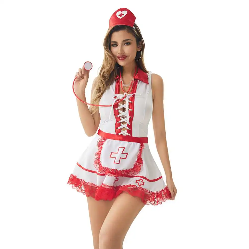 New Fashion Women Sexy Sleeveless Roleplay Nurse Uniform Adult Lady Stylish Cosplay Doctor Lingerie Dress Halloween Party Outfit