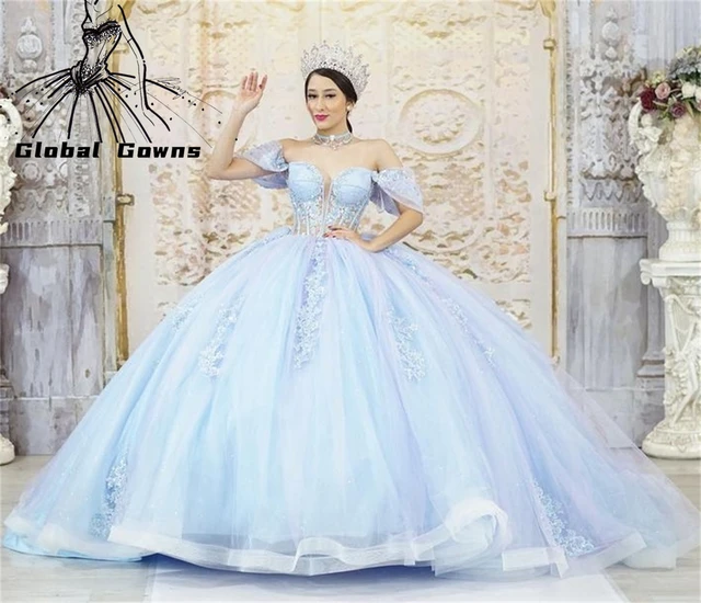 Robe princesse Quinceanera en dentelle bleu ciel pour filles, épaules  dénudées, grande taille, perlée, robes de bal pour fête d'anniversaire, 2023