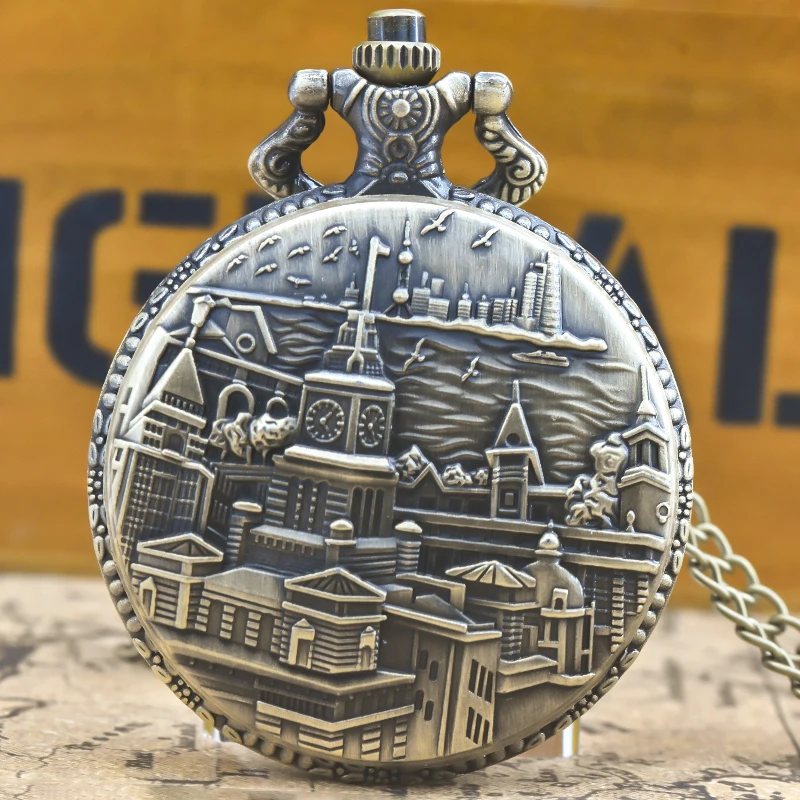 빈티지 청동 Steampunk 상하이 명소 새겨진 석영 주머니 시계 목걸이 펜던트 시계 체인 남성 여성 체인 선물