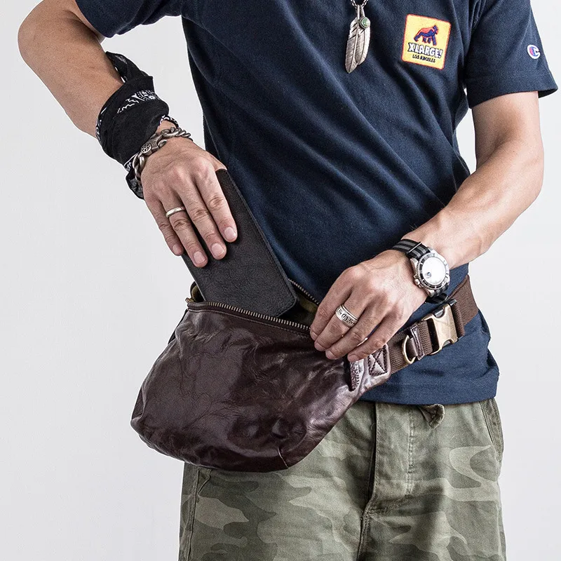 Vintage high quality genuine leather men's chest bag fashion casual first layer cowhide waist packs messenger bag teens belt bag