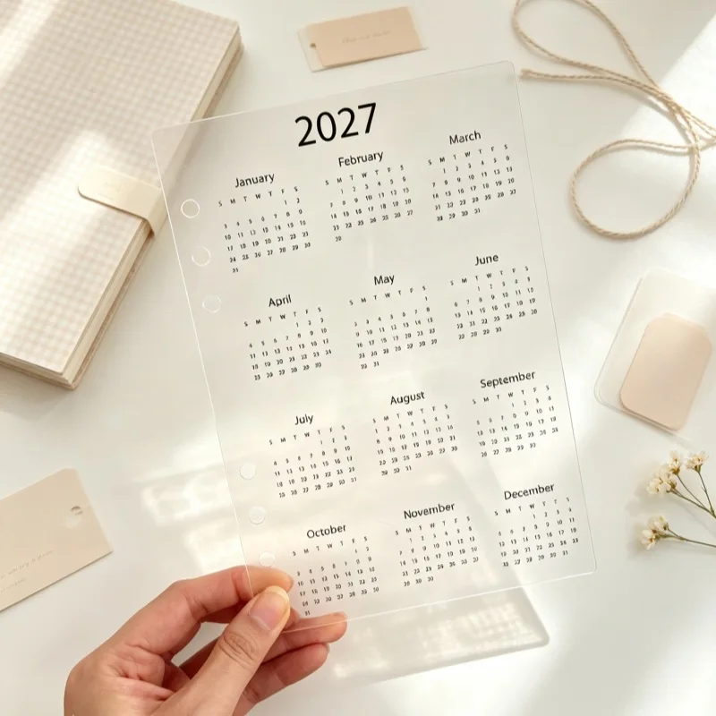 Calendario 2027 con divisori in acrilico A5/A6, pagine interne a sei fori per calendario a fogli mobili, indicatore per agenda del prossimo anno