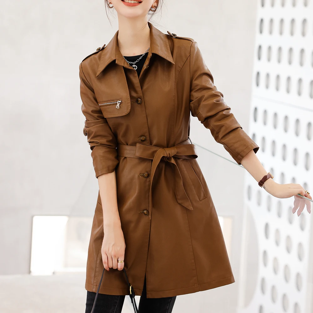 

Mid Long Oversized Pu Leather Belt Trench Coat for Women Long Sleeve Lapel Loose Fit Fall Stylish Women Clothing Streetwear