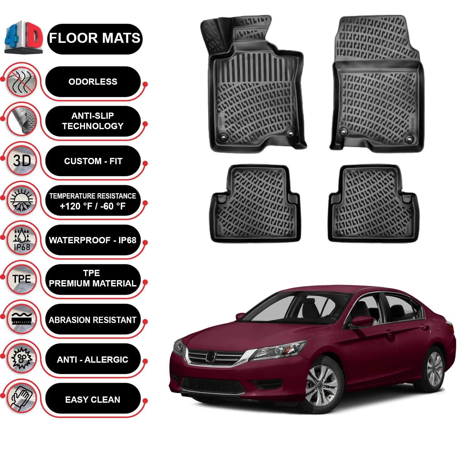 

Коврики для пола Honda Accord - (2009-2015) водонепроницаемые 3D-(черные)