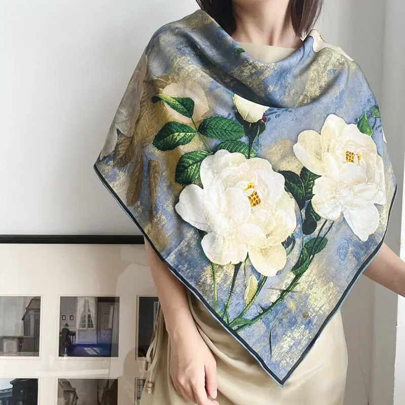 

Fashion Print 100% Real Silk Scarf Wraps Women Summer Large Square Sunscreen Scarfs Shawl 105x105cm