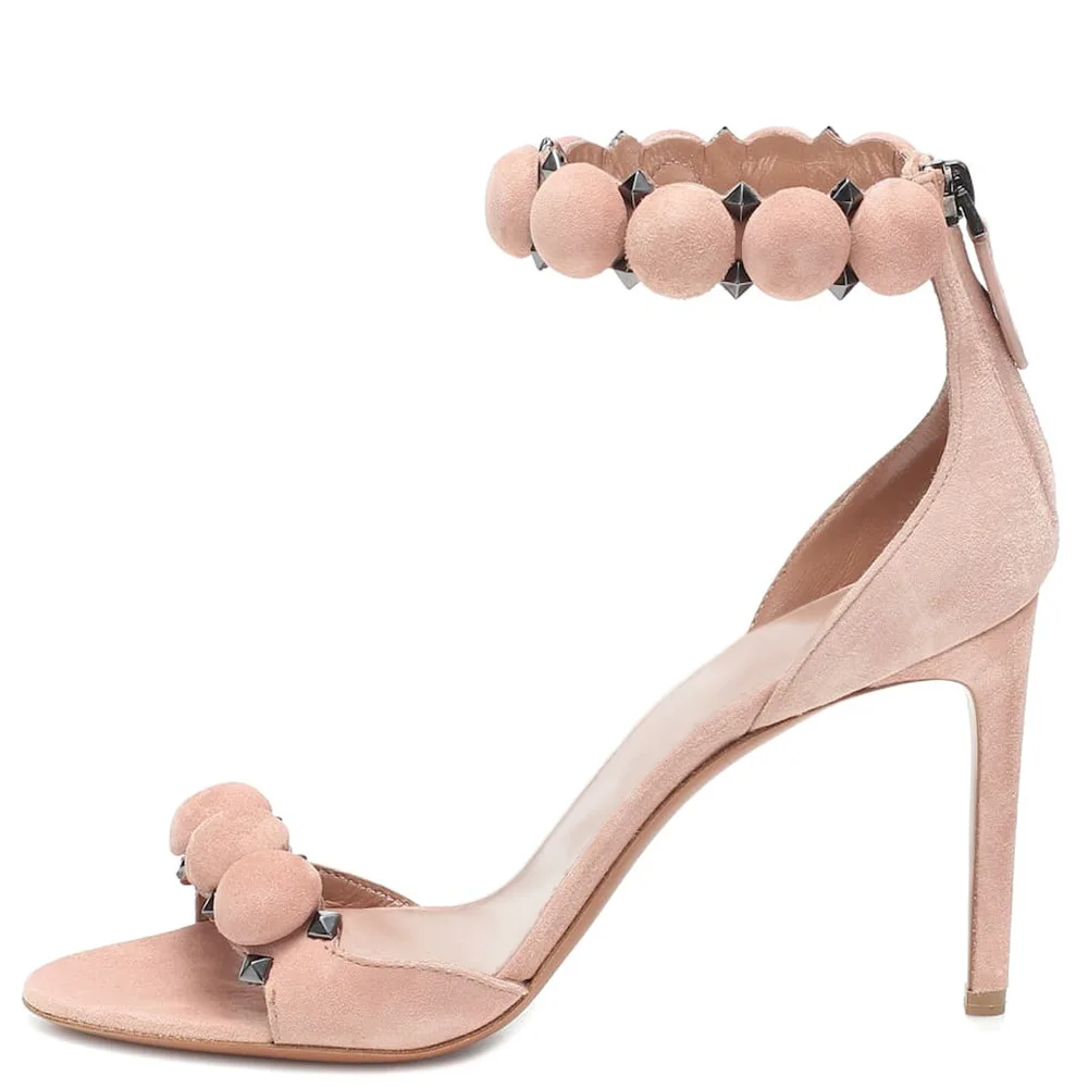 

Large Size Ball-Embellished One-Strap Sandals Nubuck Leather Stiletto Slingback Zip-Up Pumps Open Toe Women Shoes Sandalias