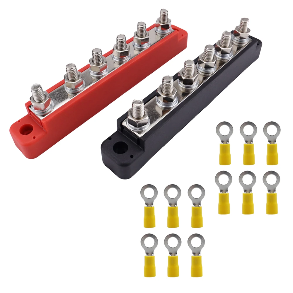 150A 12V Bus Bar Marine 12V-48V Power Distribution Block with Cover & 6 x 1/4&rdquo;(M6) Post,Battery Bus Bar & Ring Terminals
