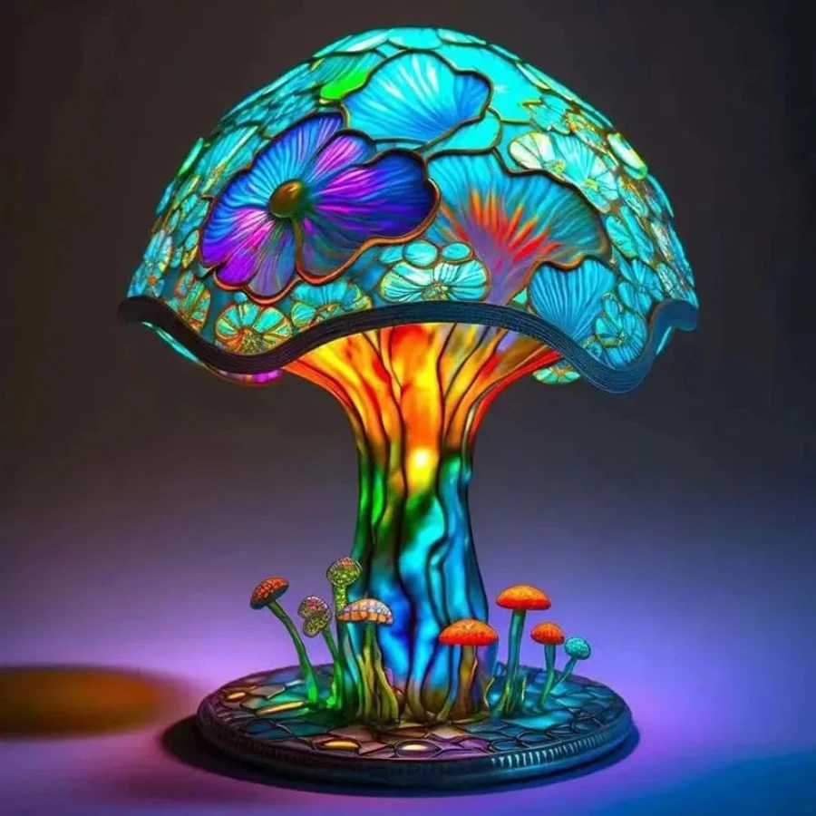 

Retro Stained Glass Plant Series Table Lamps Colorful Bedroom Bedside Flower Mushroom Table Night Lamp Atmosphere Light