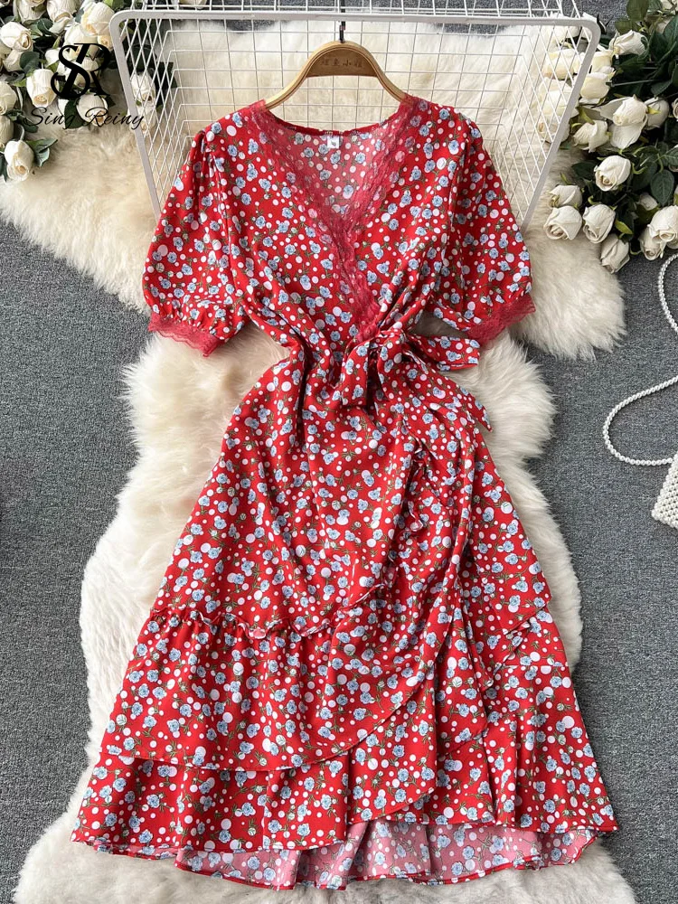 SINGREINY Summer Chiffon Floral Dress Women V neck Lace Bow Sweet Party Sundress Ladies Korean Print Flower Beach Midi Dress sheer bathing suit cover up