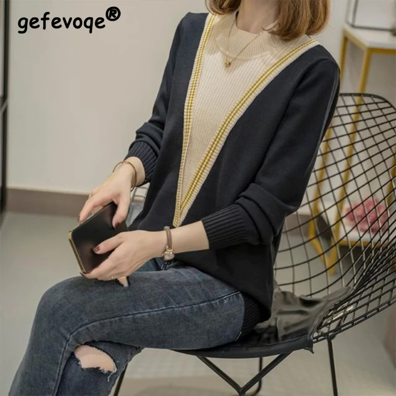 

Autumn Winter Warm Aesthetic Casual Knitted Sweater Women Patchwork Loose Sweet Lady Pullover All Match Vintage Female Clothes