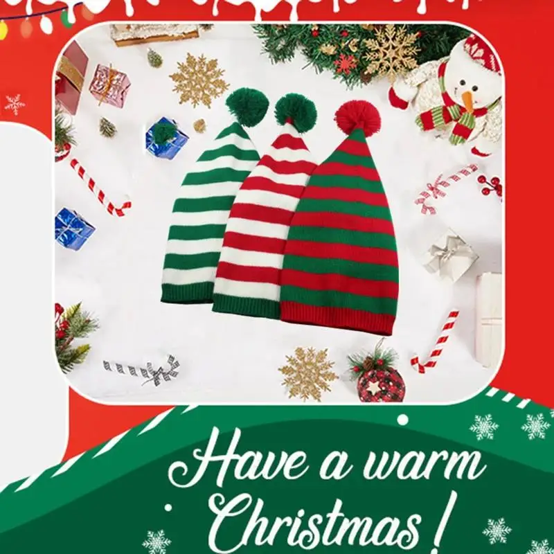 Fashion Adult Christmas Knitted Hat Elf Santa Beanies Claus Red Green Striped Crochet Merry Happy New Year