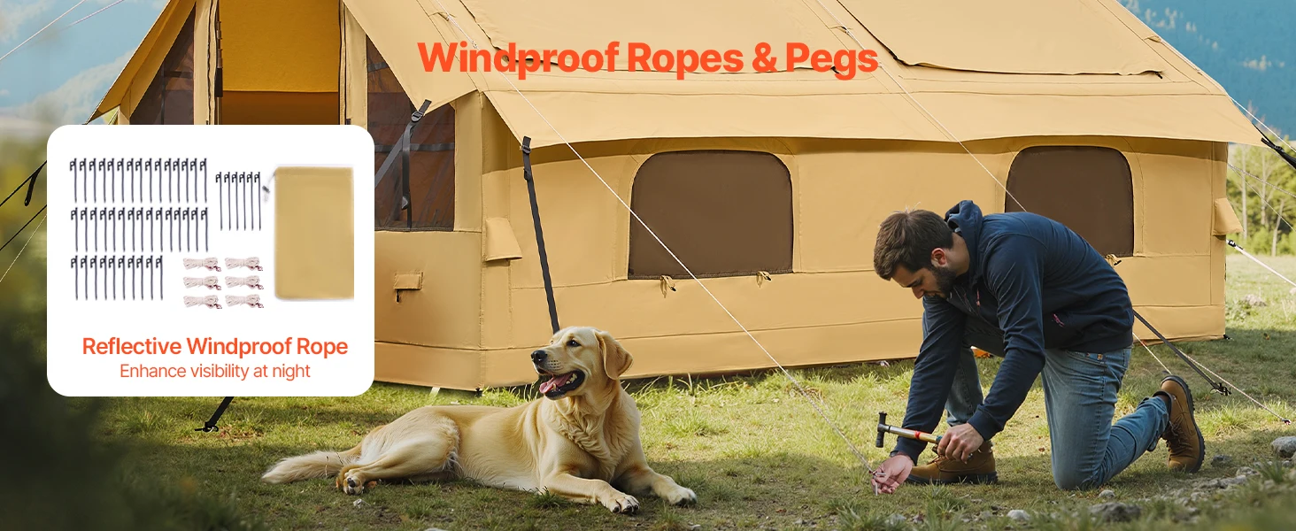 SucceBuy Inflatable Tents for Camping Easy Setup Blow up Tent with Hand Pump Glamping Tent with Skylight Stove Jack Mesh Windows